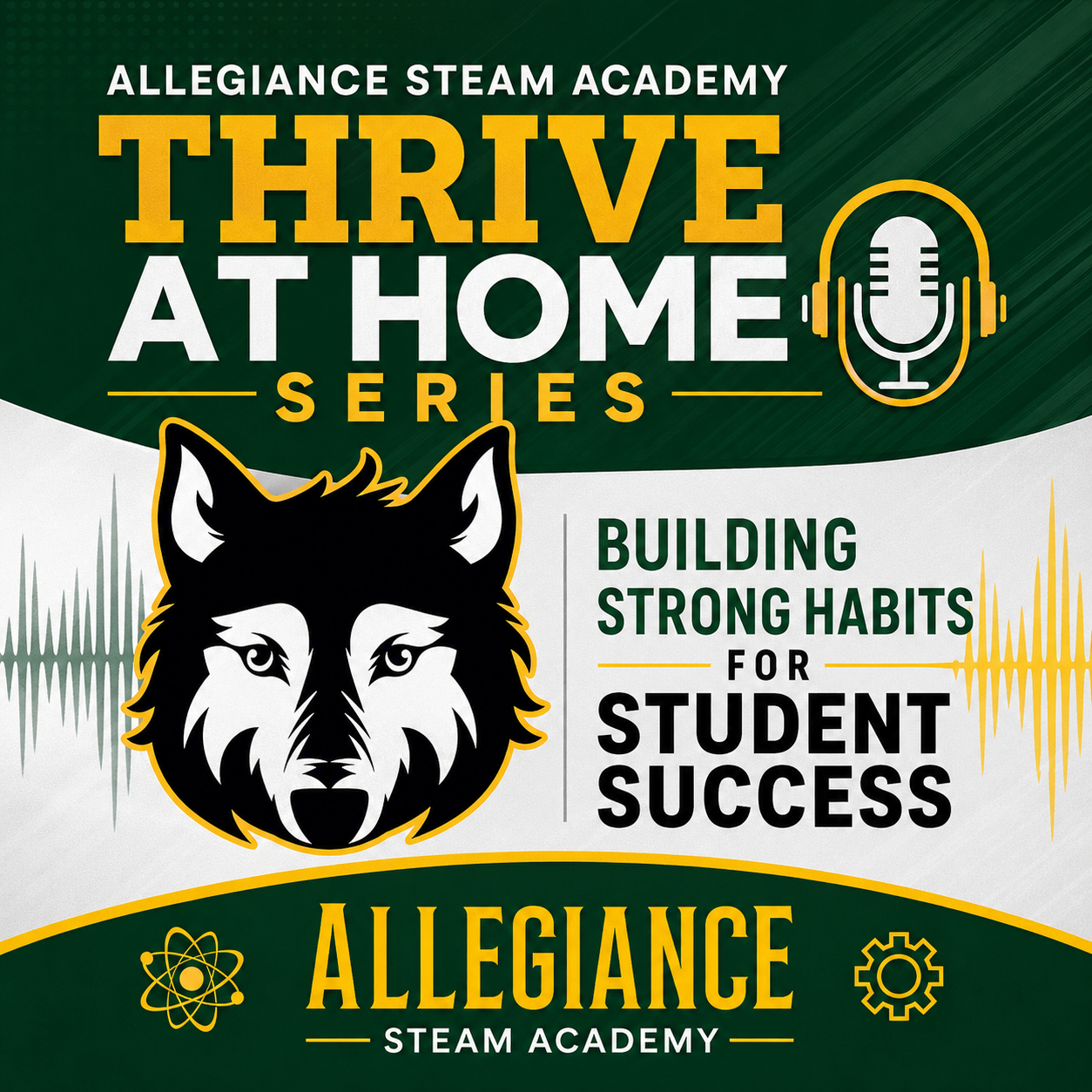 Thrive at home podcast series cover art with ASA wolf mascot
